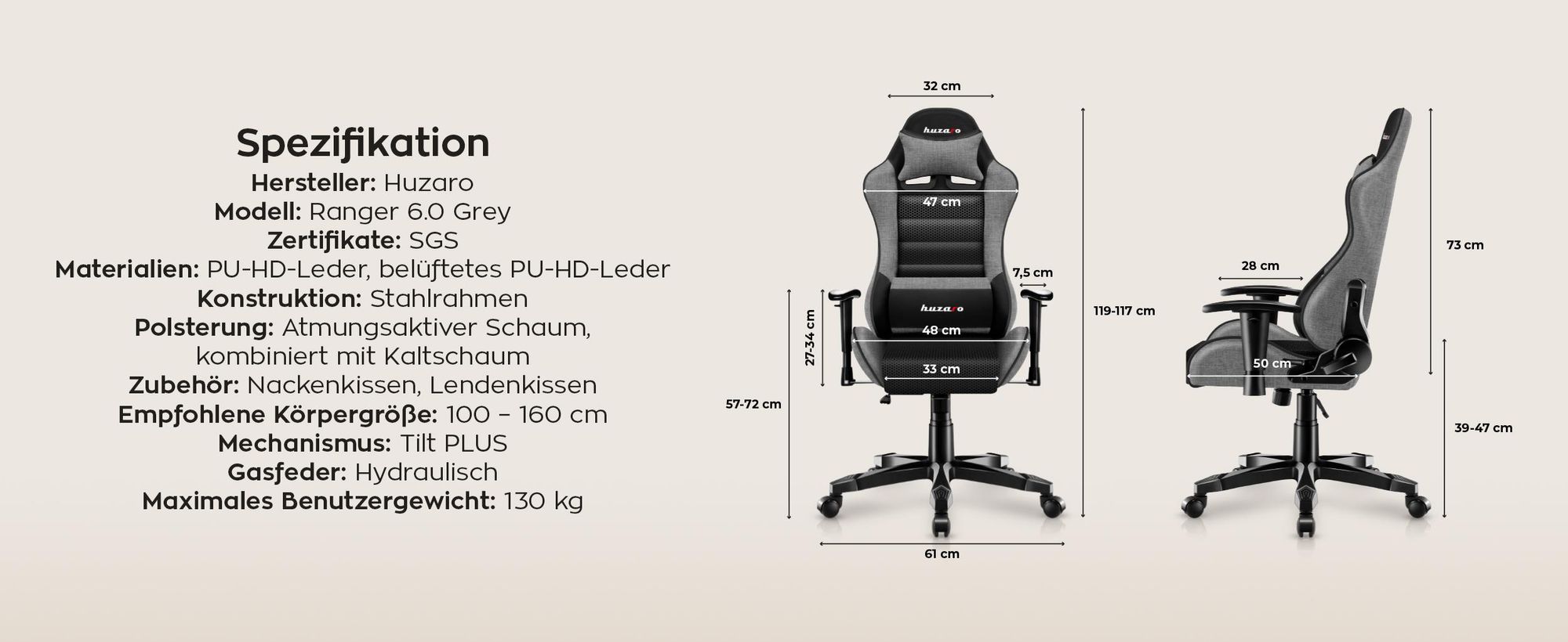 Huzaro Kinder Schreibtischstuhl Ranger 6.0 Gaming Stuhl Racing Sessel Bürostuhl Drehstuhl Gamer bis 130 kg mesh Grau