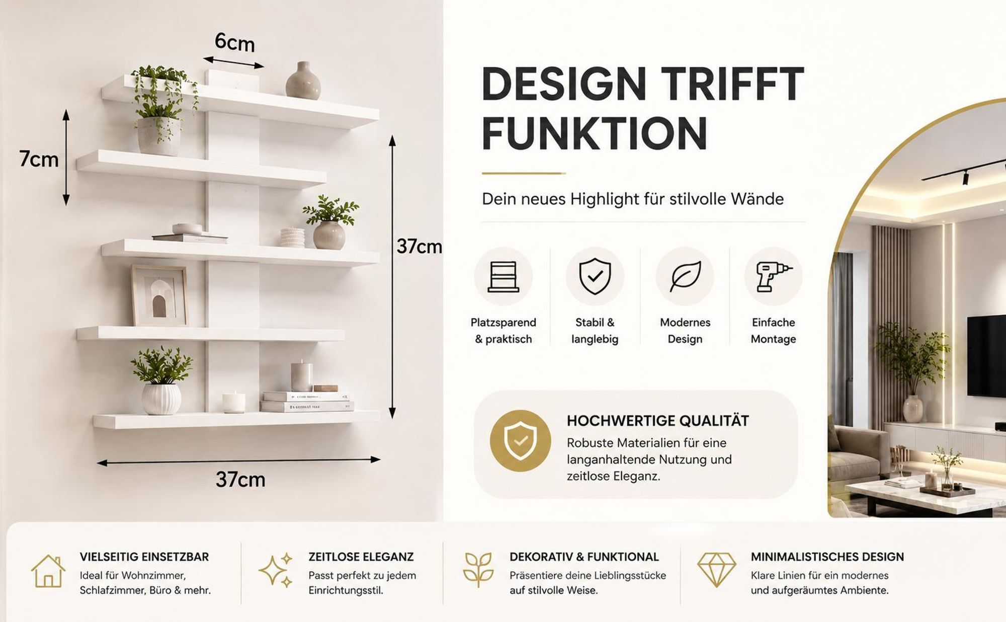 Wandregal Hängeregal Scheberegal Holz 5 Stöckig Regal 37cm für Kinderzimmer Schlafzimmer Deko Kleinigkeiten YaLiva_Decor®