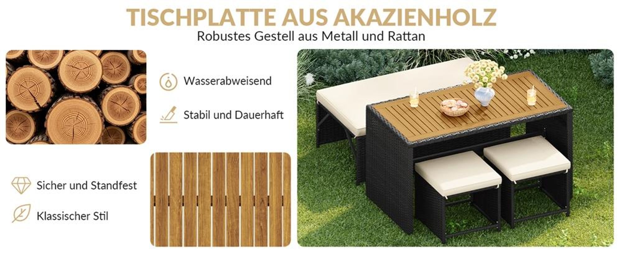 Yaheetech 2-in-1 Gartenmöbel Set aus Polyrattan, inkl. Sofa Tisch Hocker, modulare Sitzgruppe für Gartenlounge, Schwarz & Beige