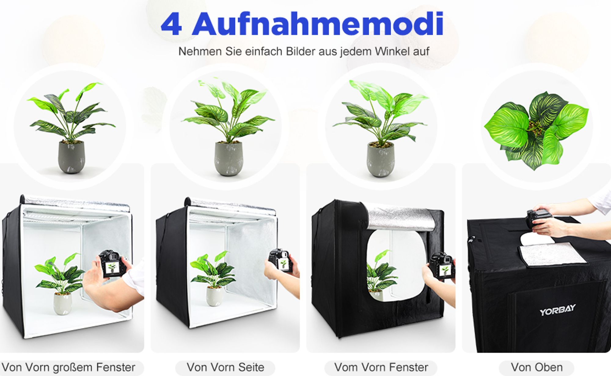 Yorbay Fotostudio Set 60 x 60 x 60cm LED-Fotobox Lichtbox Lichtwürfel Fotografie Lichtzelt inkl. 4 PVC-Hintergrundfolien (schwarz, rein weiß, warm-weiß, orange) Mehrweg