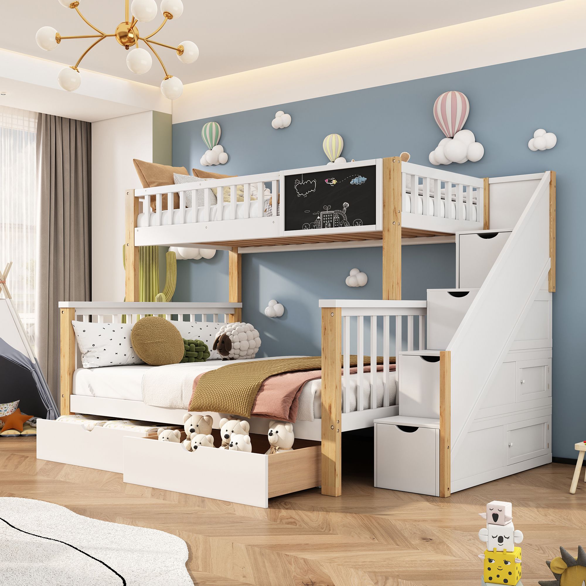 Flieks Kinderbett 90x200cm/140x200cm, Etagenbett mit Rausfallschutz, Hochbett mit Treppe und Schubladen, Massivholzbett mit Lattenrost und Tafel