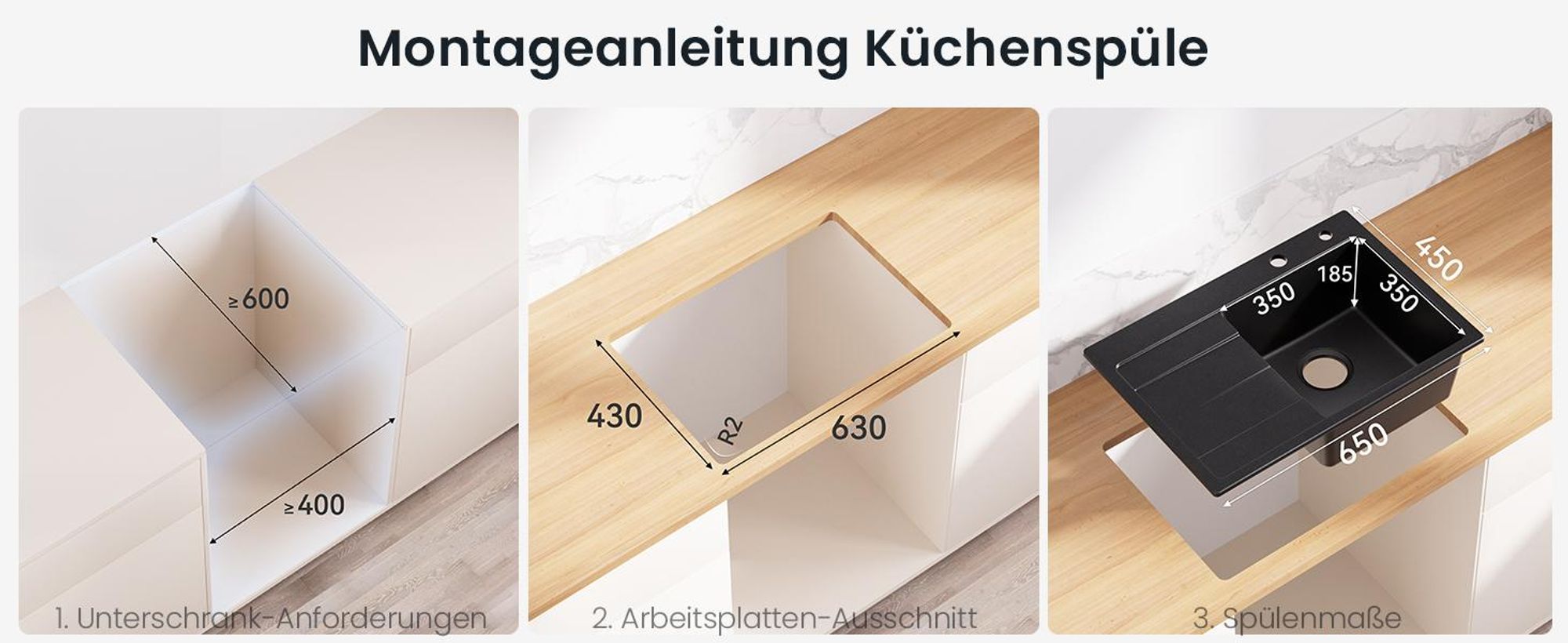 Granitspüle schwarz 65x45cm mit Abtropffläche, Kratzfest & Hitzebeständig Einbauspüle, Sofetiy, Quarzsand Küchenspüle, Spülebecken für Küche