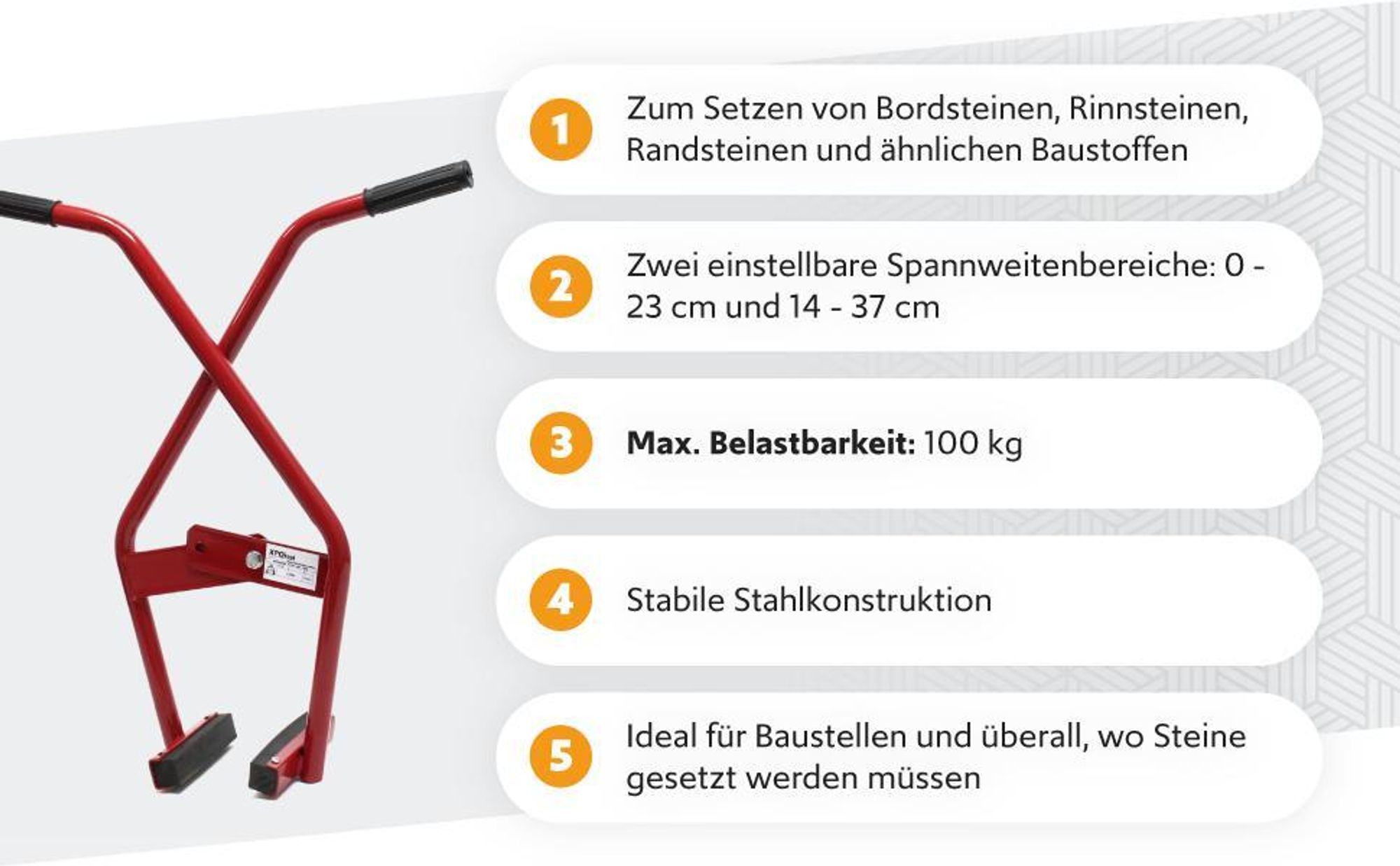 XPOtool Versetzzange mit Spannweite 0-37 cm, bis 100 kg belastbar, Bordsteinzange aus Stahl, Greifzange, Hebezange, Steinzange