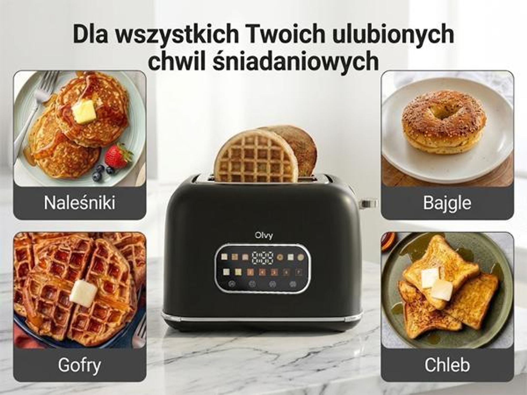 Toster Olvy, ekran dotykowy z timerem, 7 stopni opalania, bardzo szerokie szczeliny, 6 programów, w tym bagel i gofr, funkcja rozmrażania i podgrzewania, czarny