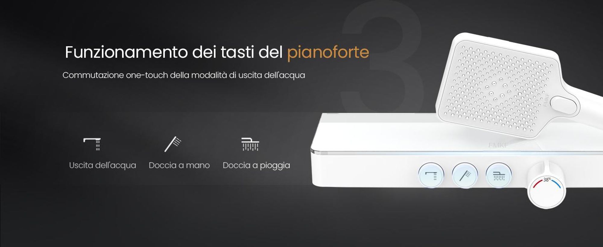 Sistema doccia EMKE con termostatico mensola in vetro doccetta 3 modalità di getto doccia a pioggia, rubinetteria per bagno e doccia, doccia a pioggia, KTW, bianco - F09