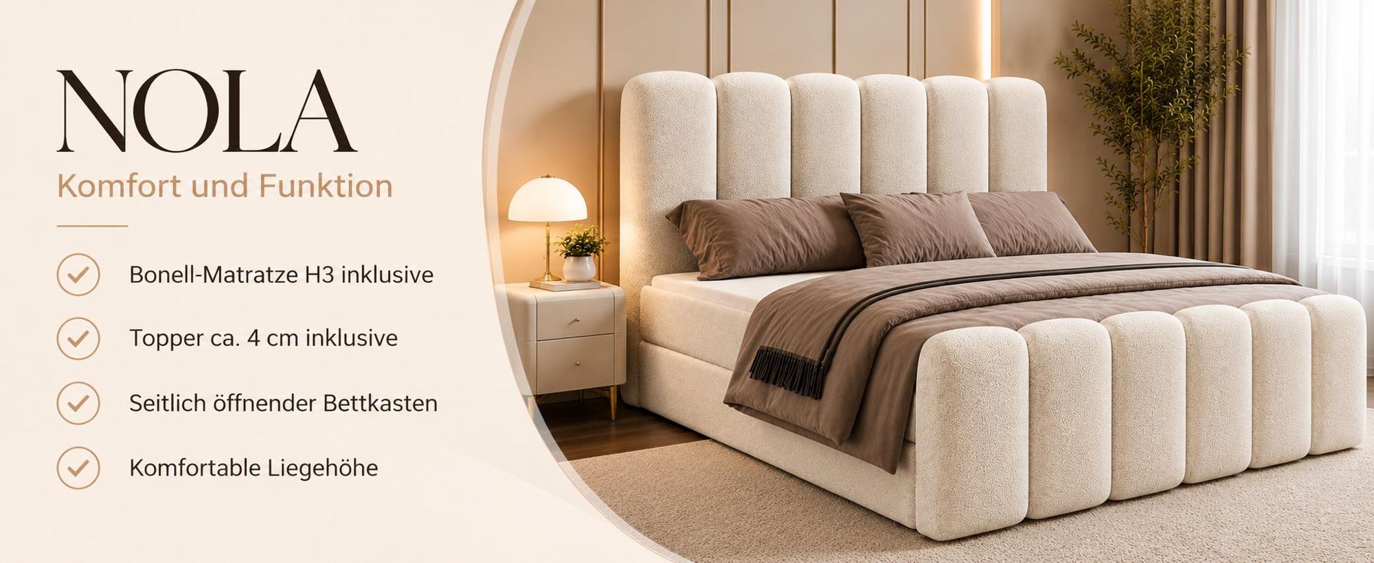 Boxspringbett 160x200 mit Bettkasten NOLA, Komplett-Set mit Bonell-Matratze H3 und Topper, Bouclé Creme