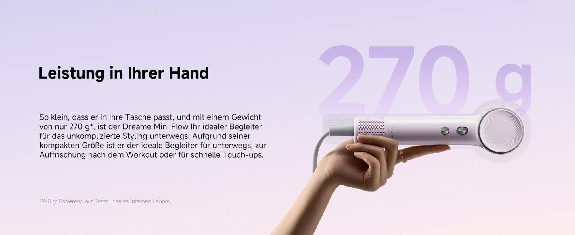 Dreame Mini Flow Hochgeschwindigkeits-Haartrockner,270g,schnelltrocknend,100K U/min Motor,NTC-Temperaturregelung,Ionen-Technologie,5 modi,Lila