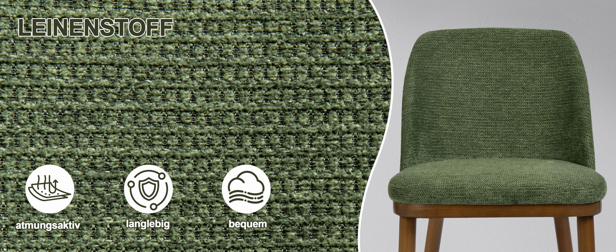 Duhome Esszimmerstuhl 2er Set Küchenstuhl aus Leinen und Holz Polsterstuhl mit Gebogene Rückenlehne für Esszimmer Wohnzimmer Restaurant, Grün