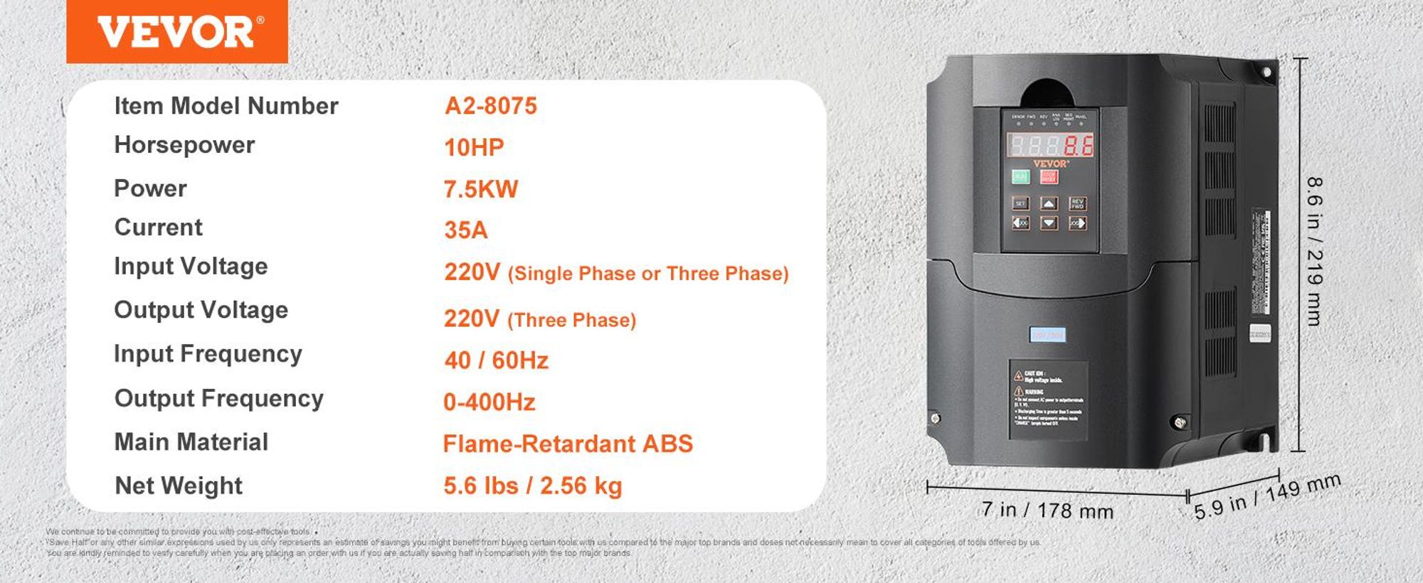 VEVOR VFD 10HP, 7,5KW, 35A, 1 oder 3 Phasen 220V Eingang zu 3 Phasen 220V Ausgang Frequenzumrichter, 40-60Hz Eingang, 0-400Hz Ausgang VFD für Spindelmotor CNC Geschwindigkeitsregelung, 7.5KW, 220 V