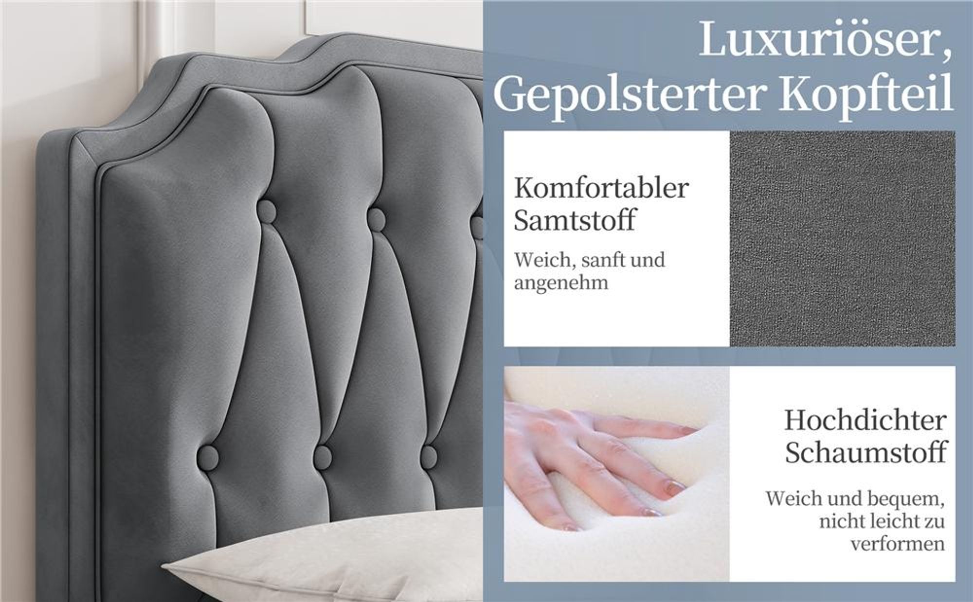 Yaheetech Polsterbett mit höhenverstellbarem Kopfteil Doppelbett 160×200cm Stoffbett Jugendbett Gepolstertes Bett Bettrahmen mit Lattenrost Hellgrau