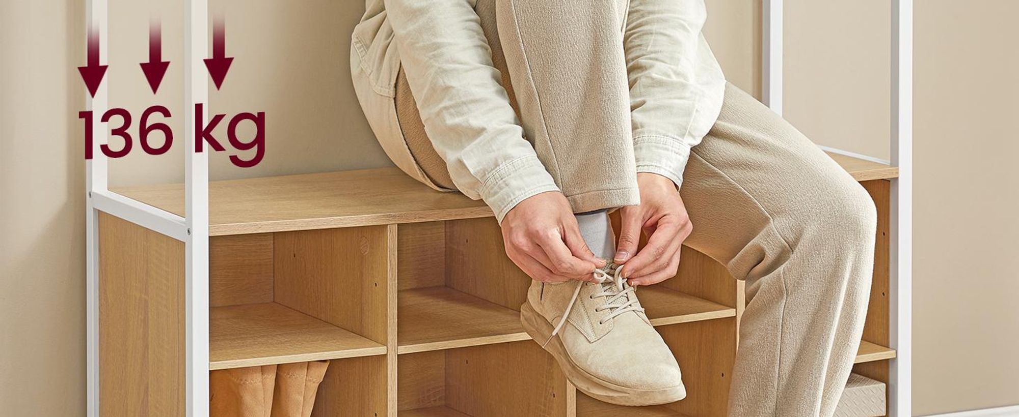 VASAGLE Kleiderständer, Garderobe mit Schuhregal, mit Haken und verstellbaren Ablagen, Industrie-Stil, goldeichenfarben-weiß