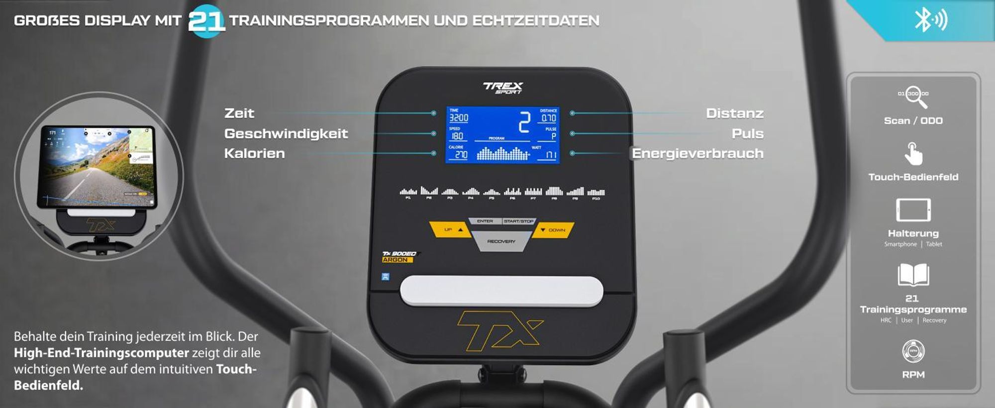 TREX SPORT Crosstrainer für zuhause TX-900ECT ARGON | Ellipsentrainer, 32-stufiger Widerstand, Pulssensoren, Bluetooth | Trainingsprogramme, bis 135kg