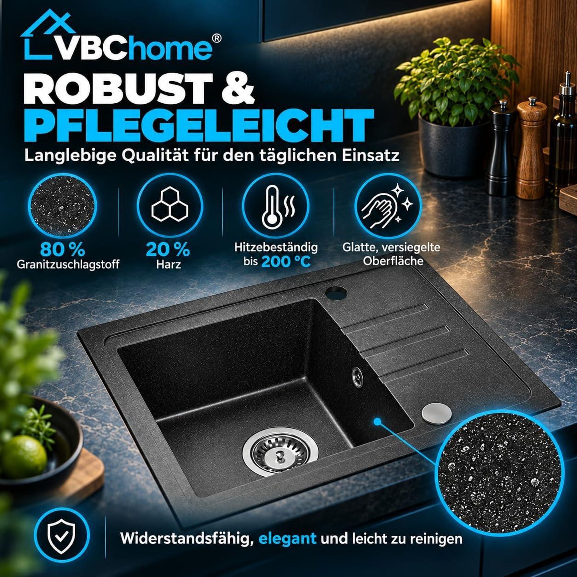 VBChome Spülbecken Granit Schwarz 55 x 44 cm Einzelbecken Einbauspüle Gesprenkelt Reversibel Granitspüle Schwarz Siphon Waschbecken