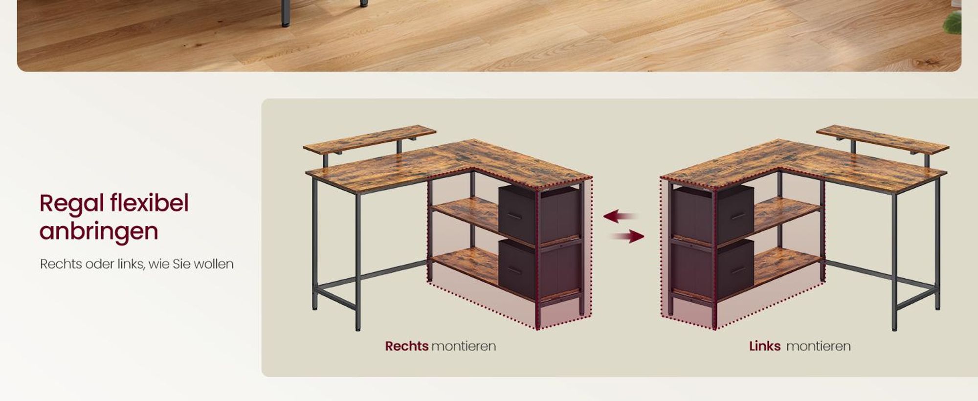 VASAGLE L-förmige Schreibtisch Eckschreibtisch Computertisch mit Schubladen 115cm Vintage