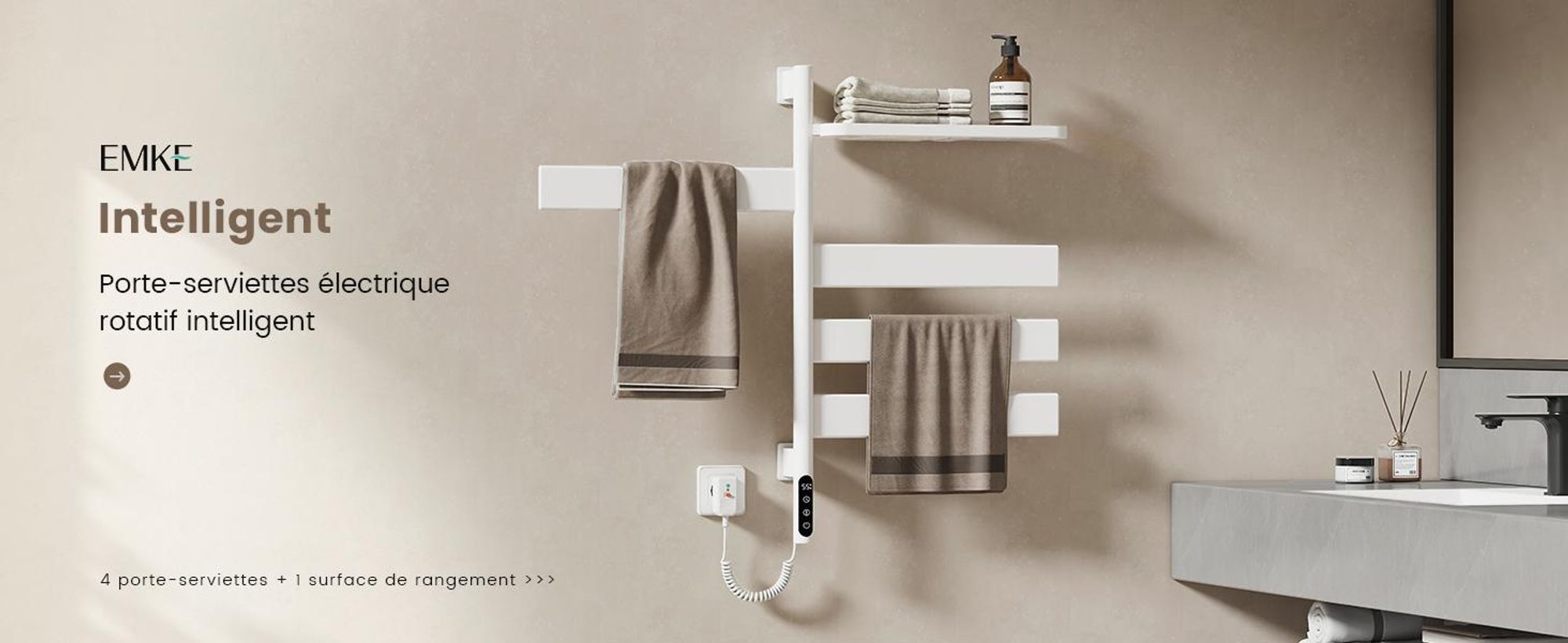 EMKE Sèche-serviettes électrique avec porte-serviettes pivotant et tablette, Thermostat WiFi,vocale, Minuterie, 76x45x14 cm, Blanc