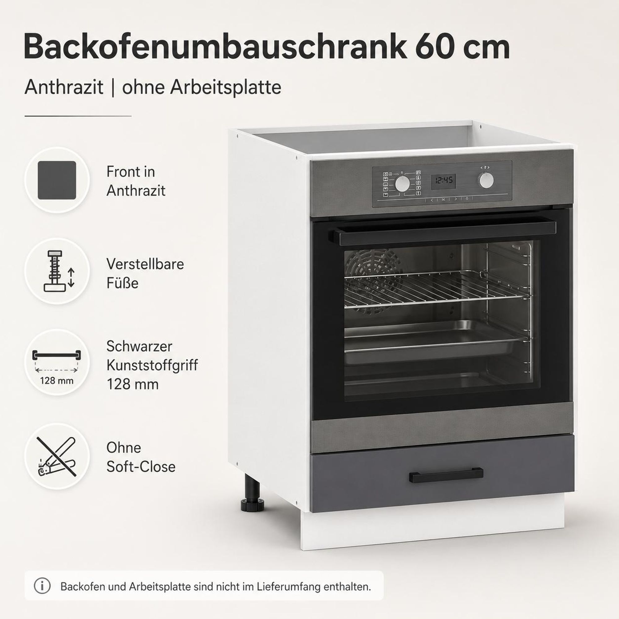 Backofenumbauschrank 60 cm Anthrazit: Maße 60x82x52 cm, weißer Korpus & Klappe.
