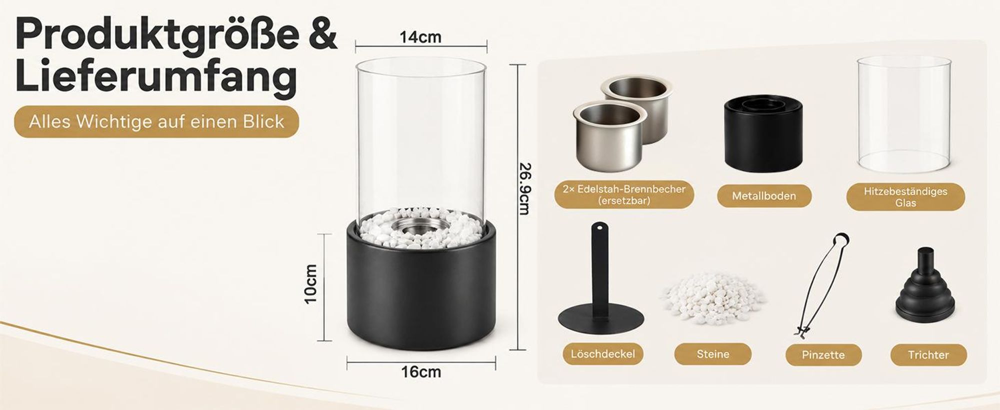 ZMH Tischfeuer Bioethanol 16×26.9CM Tischkamin mit dekorativen Steinen Edelstahl Rund Innen drausen Glaskamin Feuerstelle für Wohnzimmer party Schwarz