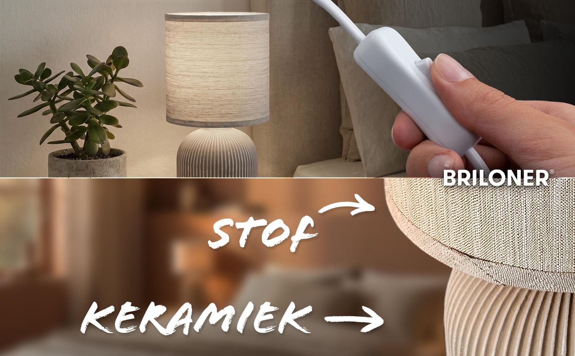 Briloner Ino tafellamp, stoffen lampenkap, snoerdimmer, keramieken voet, bruin, Ø15 x 28 cm