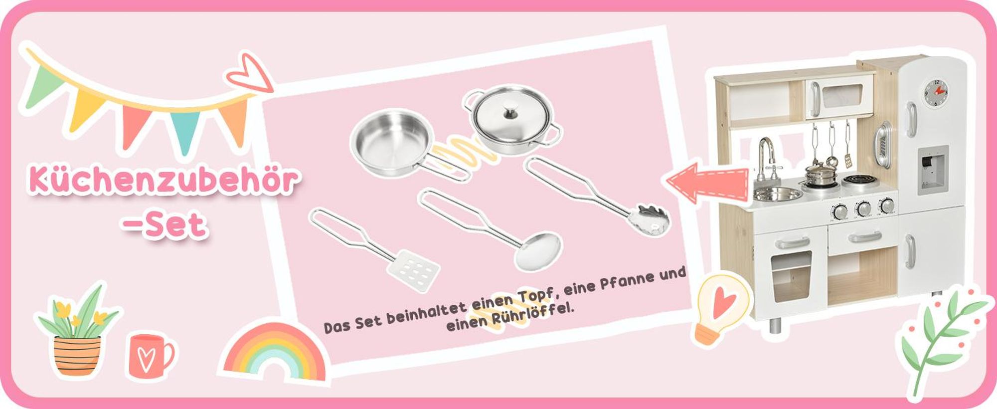 HOMCOM 2-in-1 Kinder Puppenhaus Kinderküche aus Holz mit Zubehör 3 Jahre+ MDF