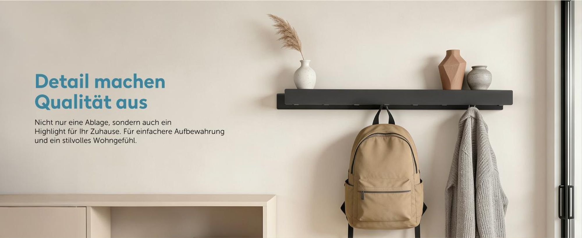 doporro Wandgarderobe mit Ablage, Garderobenleiste 80 cm mit 8 Garderobenhaken Schwarz, Kleiderhaken Wand zum Schrauben oder Kleben, Stalo-11