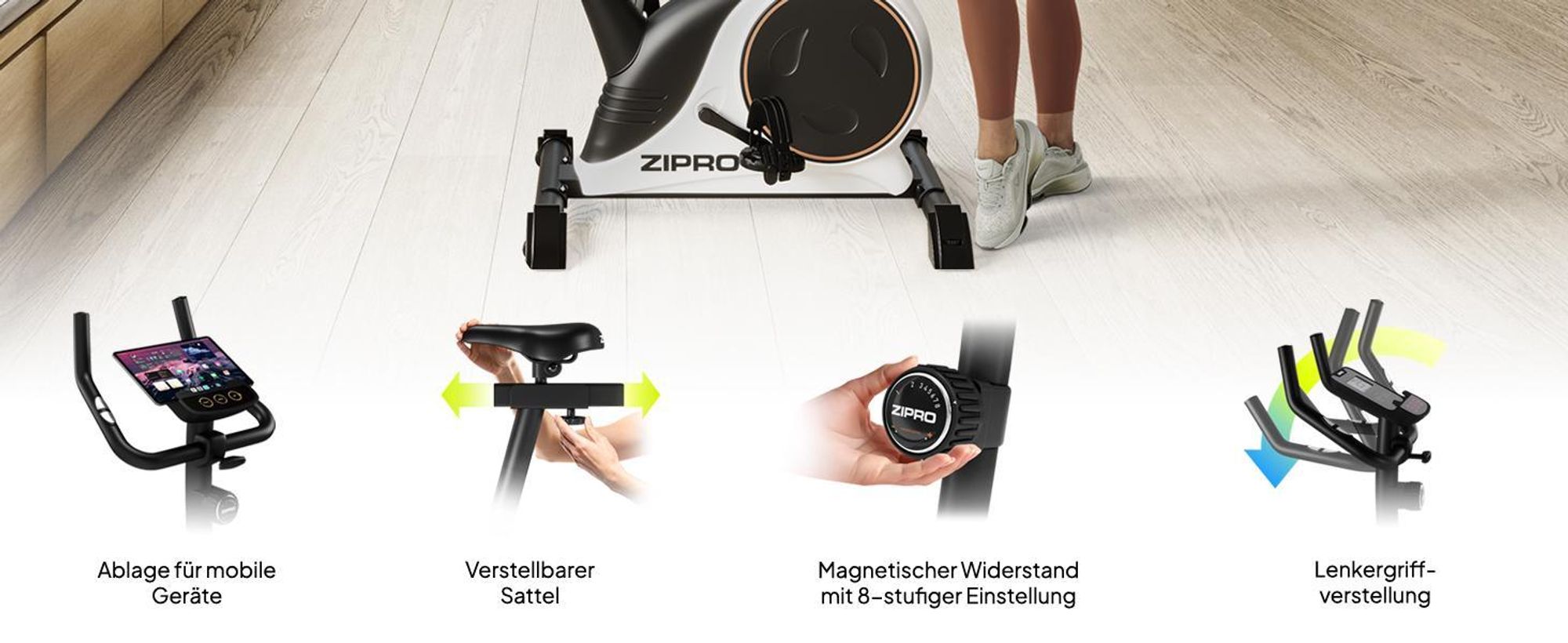 Zipro Heimtrainer Fahrrad Nitro RS – Magnetisches Fitnessbike bis 150kg Belastbar Hometrainer Leise mit Pulsmessung Verstellbarer Sattel & Lenker LCD