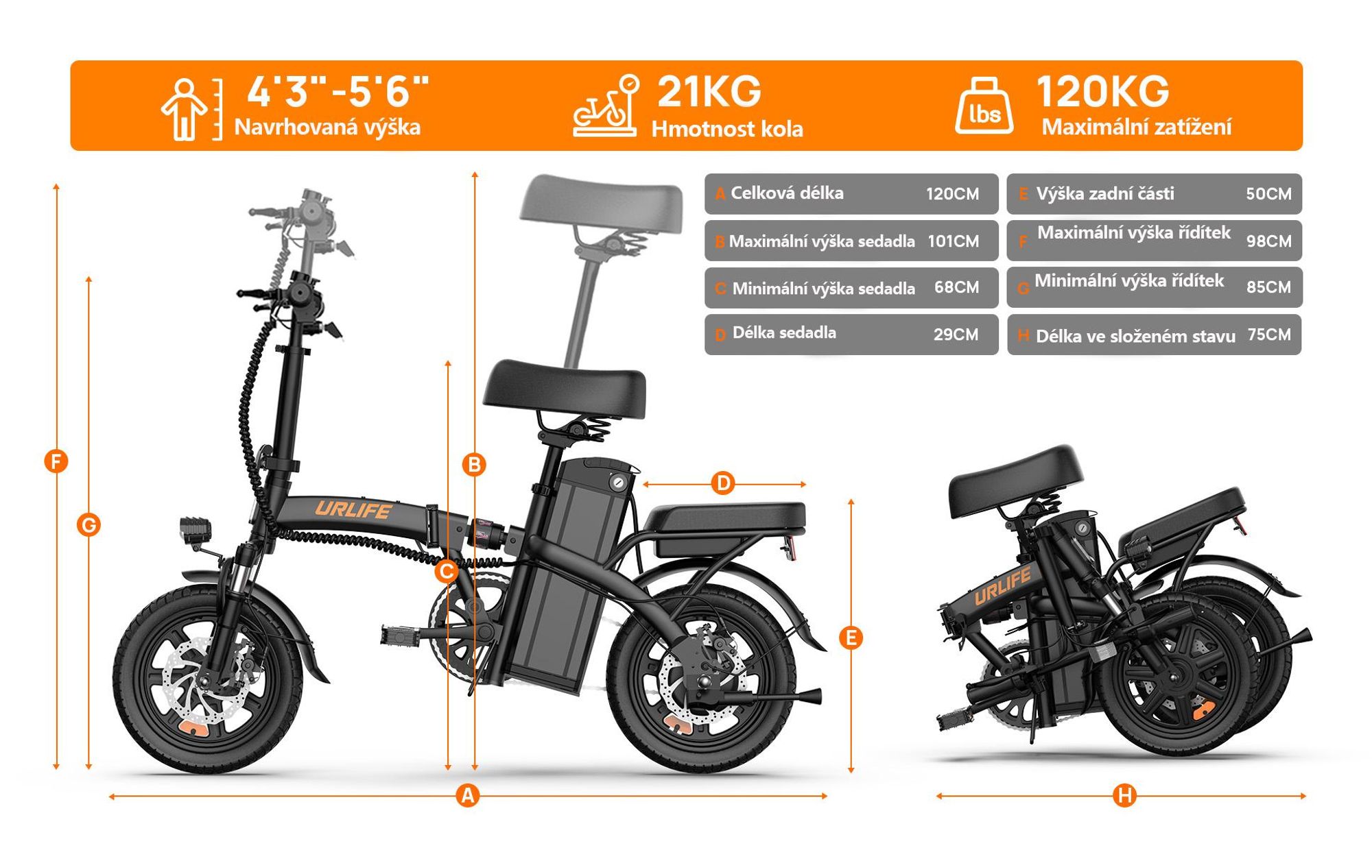 E-Bike URLIFE F1L - Motor 250W Baterie 48V 7.5Ah Pneumatiky  14 nohy Kotoučová Brzda - Černá