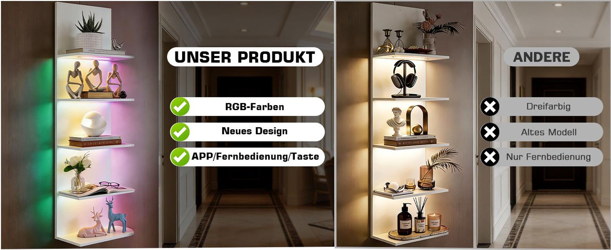 RGB+IC Wandregal Hängend 5-stufig Bücherregal Weiß mit Fernbedienung, 16 Mio. Farben Beleuchtung, Schweberegale für Wohnzimmer 30×18×117cm