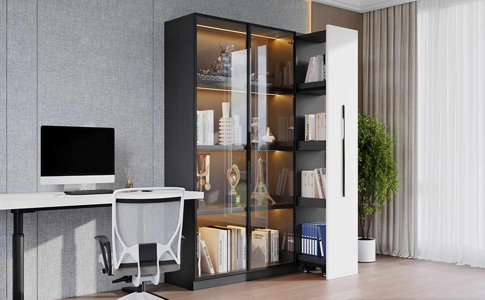 Flieks Glasvitrine Bücherregal mit LED-Beleuchtung 110.5x35x160 cm, Standschrank Hochschrank mit Glastüren, Sammlervitrine schwarz und weiß