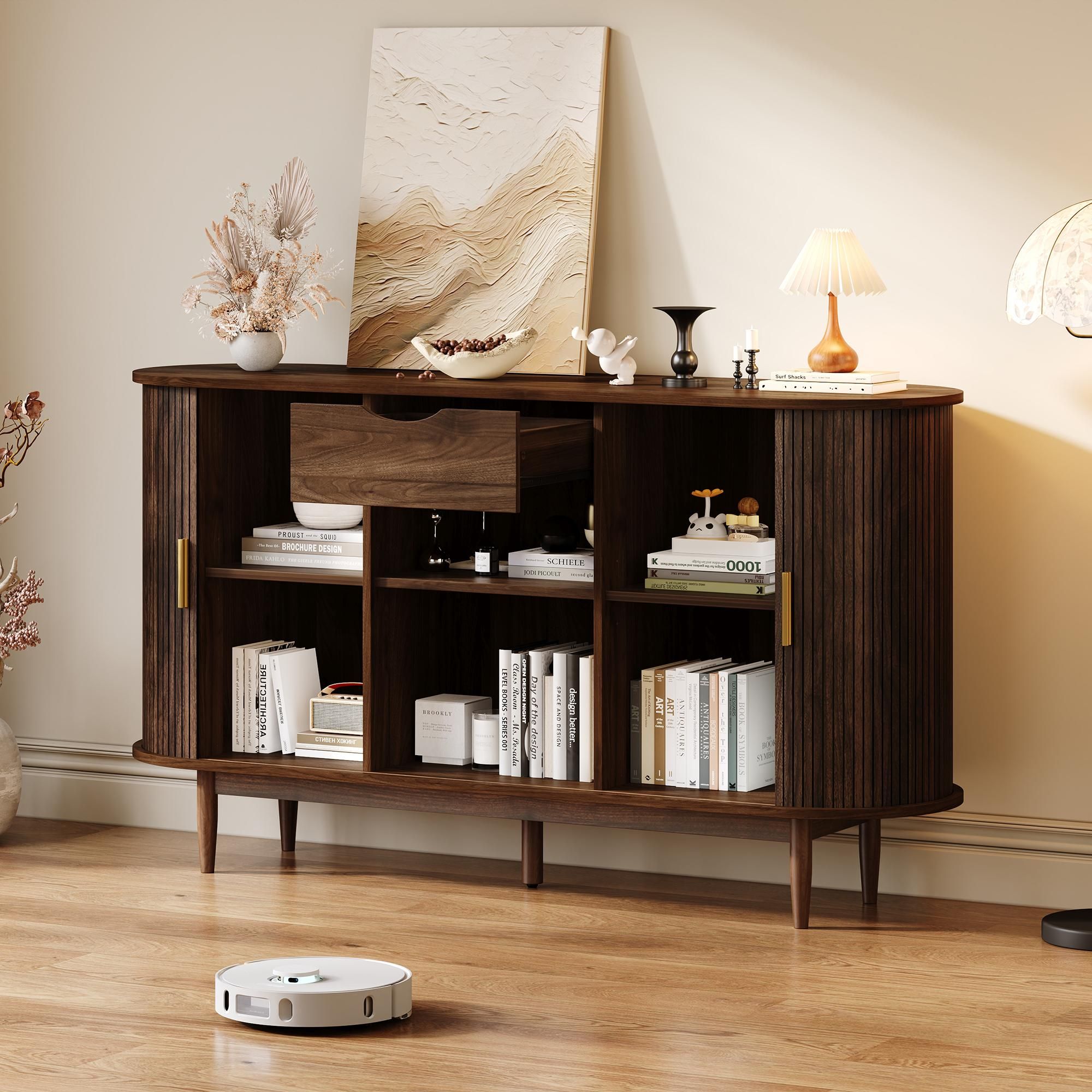 Merax Sideboard mit Schiebetüren und Schublade, Stauraumschrank Vintage Design, Kommode mit gerippte Front, Wohnzimmer Esszimmer, Walnuss