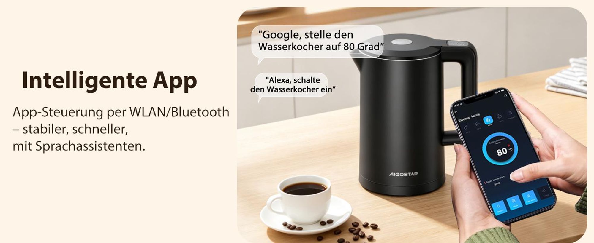 Aigostar Smart Glas-Wasserkocher 1,7L: WLAN & Alexa, 40°C-100°C Temperaturwahl, Innen 100% Edelstahl (Plastikfrei), Strix-Kontrolle, Schwarz