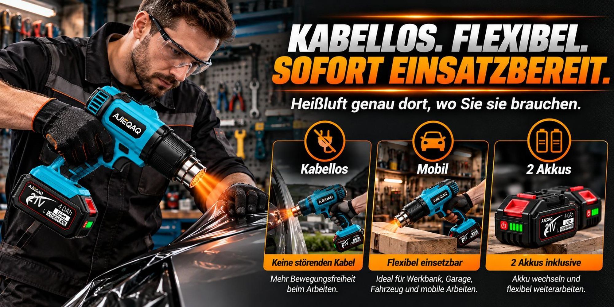 Akku Heißluftpistole 21V 2000W mit 2×4,0Ah Akku, Heißluftgebläse 300/550°C, 250/500 L/min, 2 Stufen, 3 Düsen & Koffer