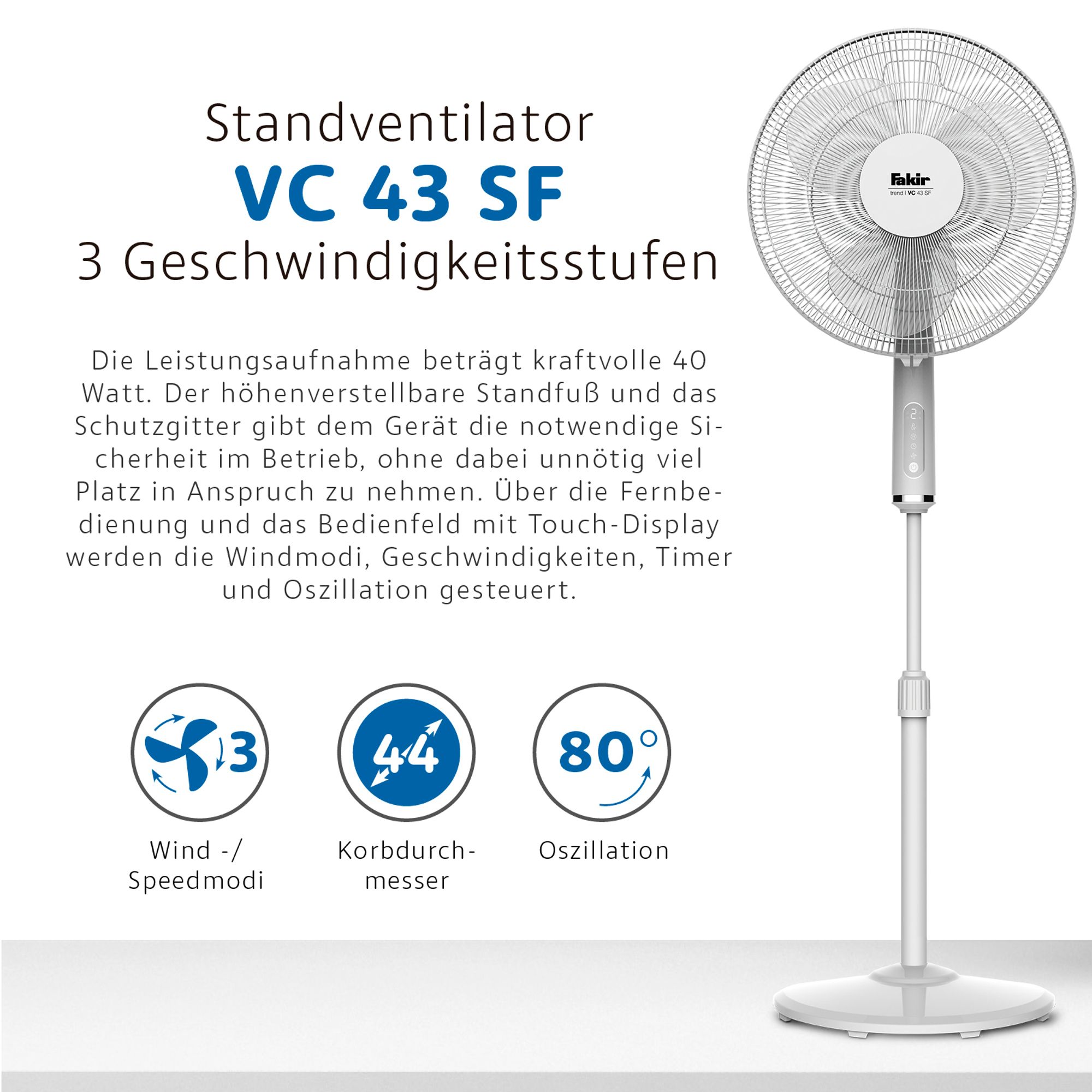 Fakir VC 43 SF trend Standventilator, 44 cm Korbdurchmesser, sehr leise, Oszillation, verstellbar, Fernbedienung, Touch-Steuerung, Timerfunktion