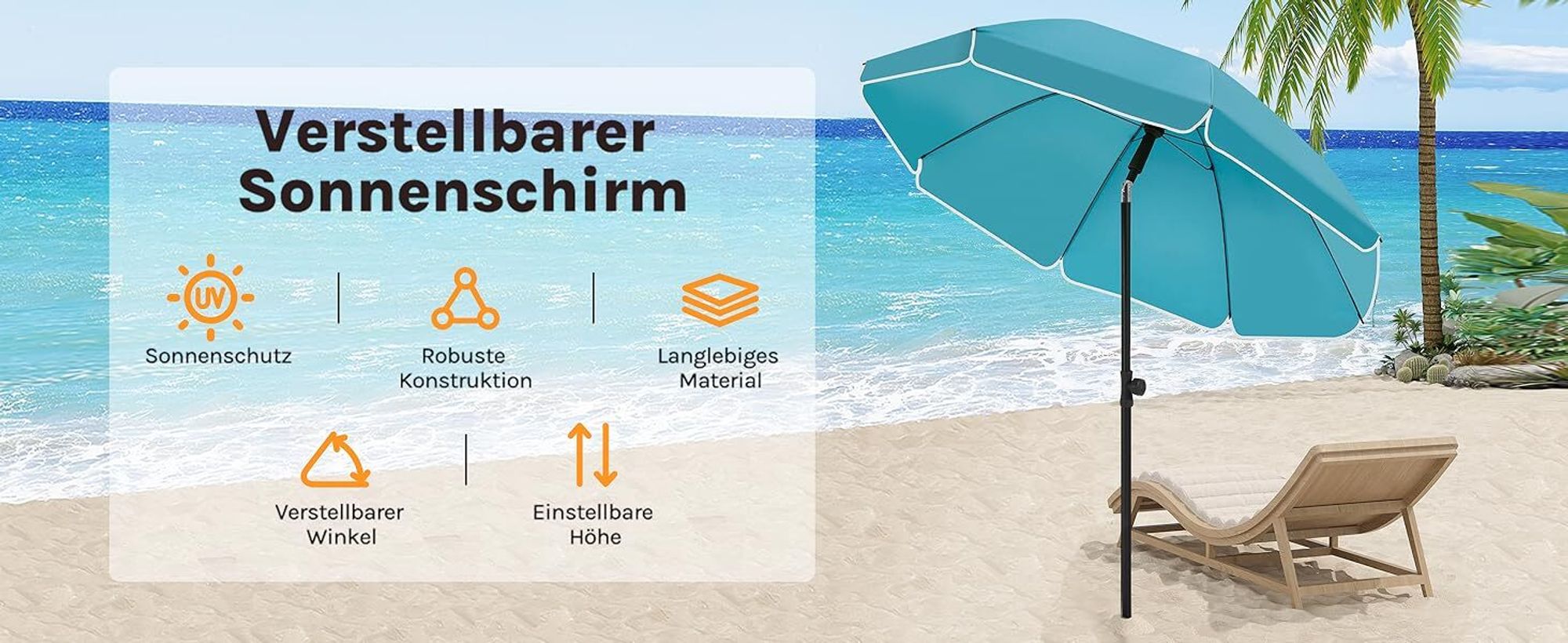 WOLTU Sonnenschirm Strandschirm UV-beständig, höhenverstellbar, 45° knickbar, rund, Blau 175cm