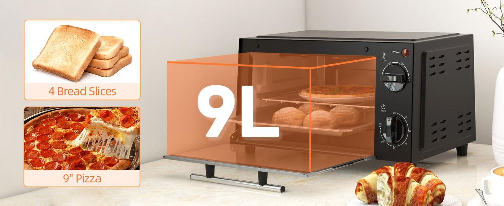 HOMCOM Mini piekarnik 9 l z blachą do pieczenia i rusztem do grillowania, 100–230 °C