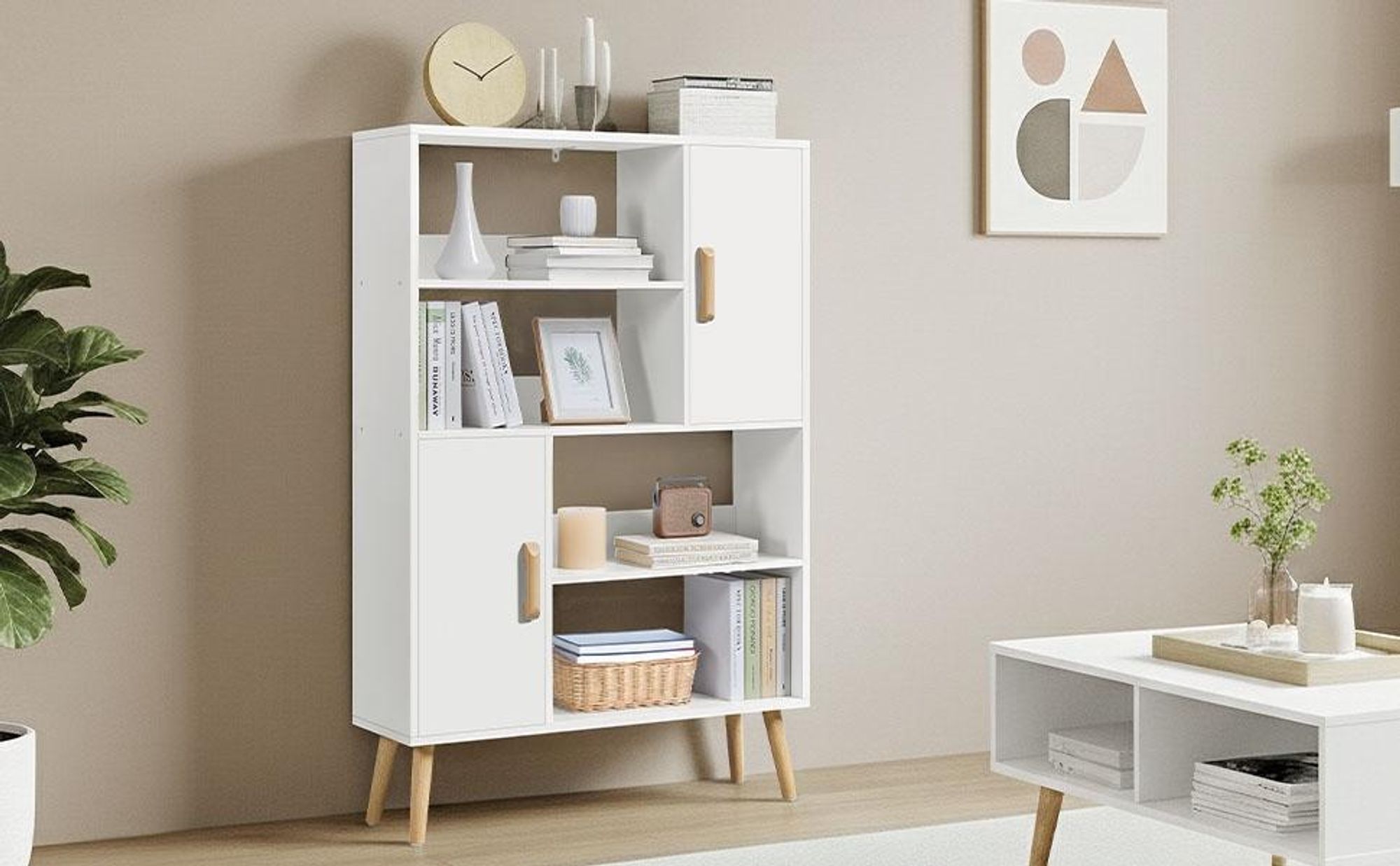 Yaheetech Bücherregal aus Holz, Bücherschrank mit 2 Türen & 4 offenen Regalen, schmaler Standregal Aufbewahrungregal, 80 × 23 × 120 cm, Weiß