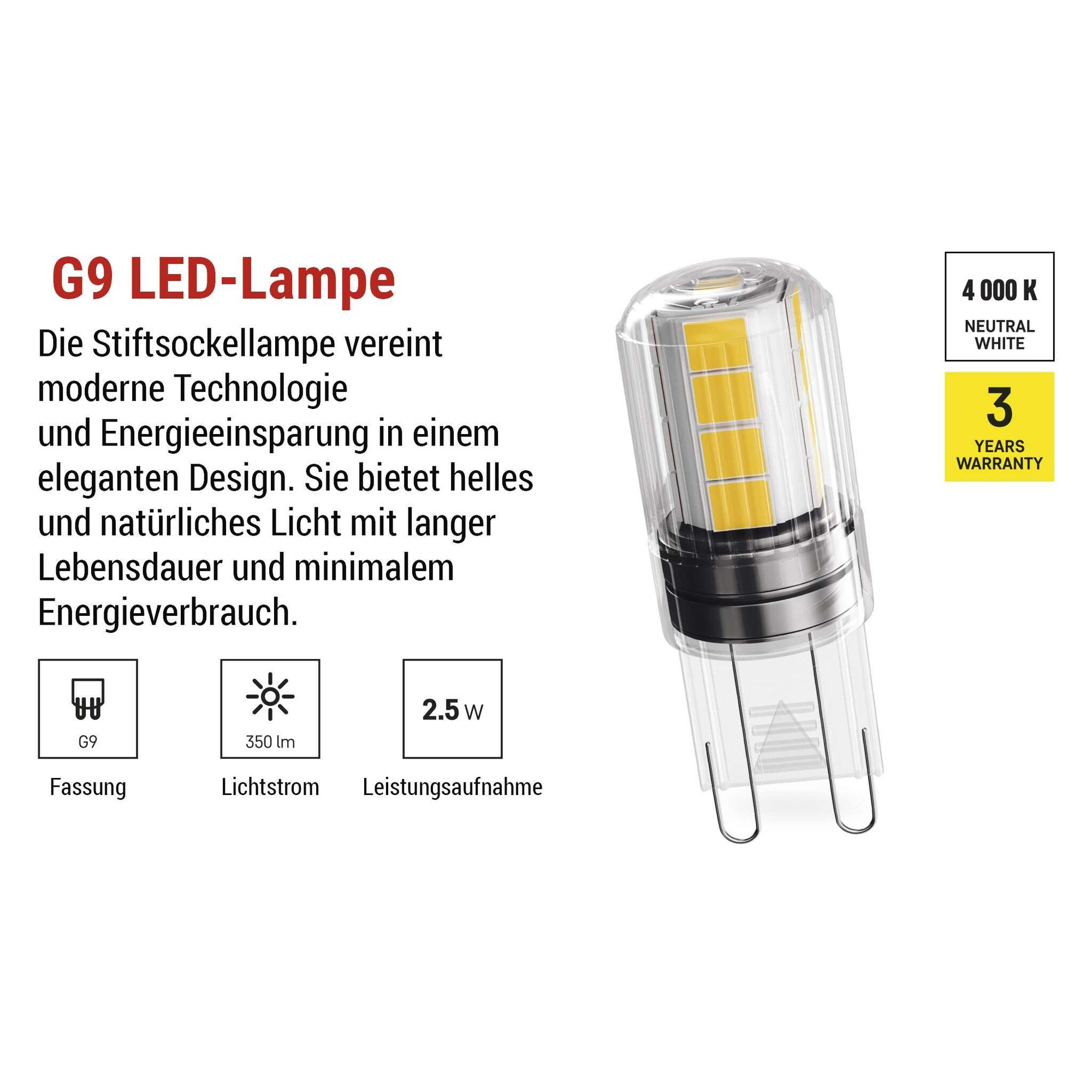 EMOS G9 LED Lampe CLASSIC 2,5 W, ersetzt 32 Watt Halogenlampe, G9 Pin Lampe JC mit Helligkeit 350 Lumen, Neutralweiß 4000 Kelvin, langlebig, ZQ9D13