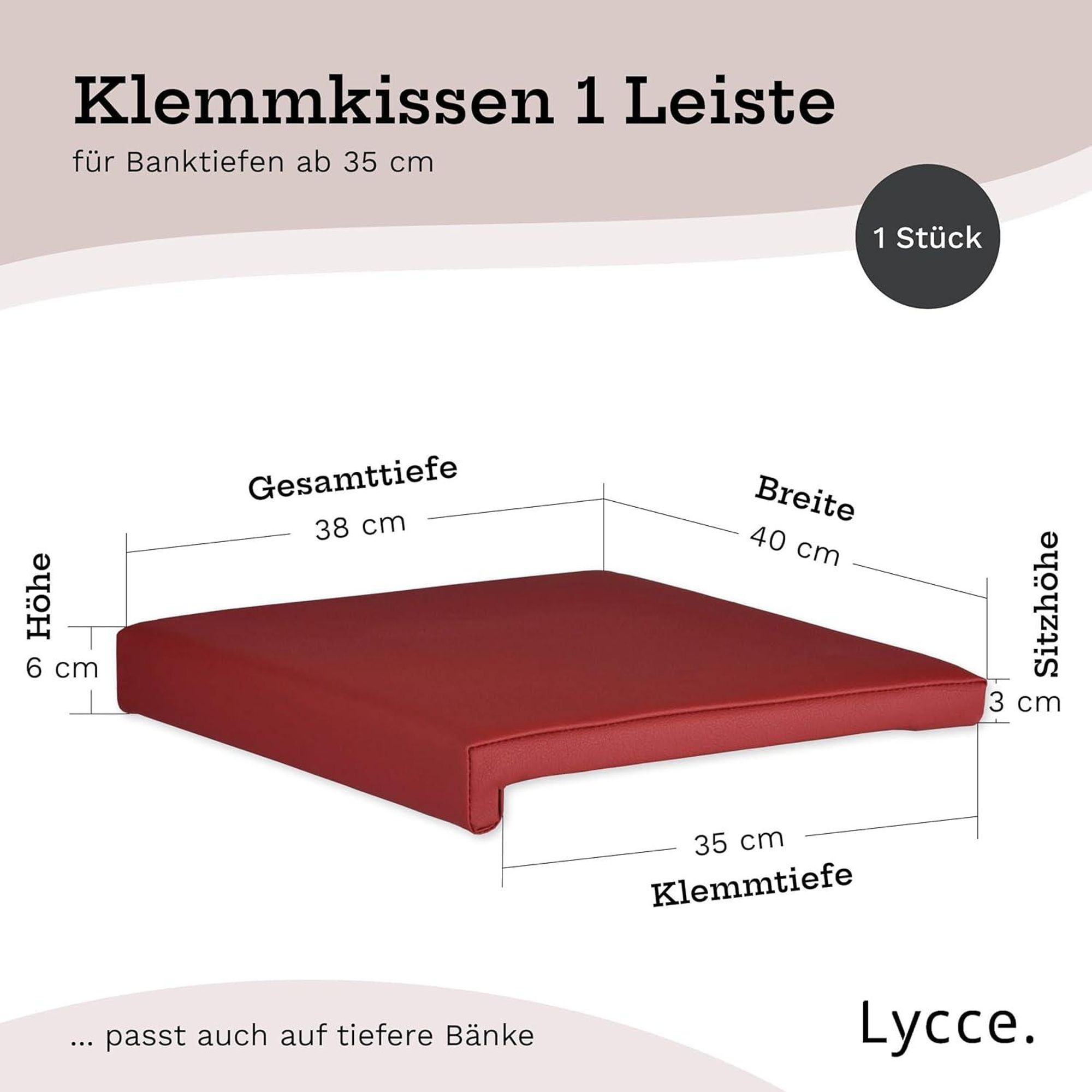 Klemmkissen Sitzkissen 1 Leiste 35cm Klemmtiefe Kunstleder verschiedenen Farben ca. B 40cm x T 35cm / 38cm x H 6cm, Farbe:rot
