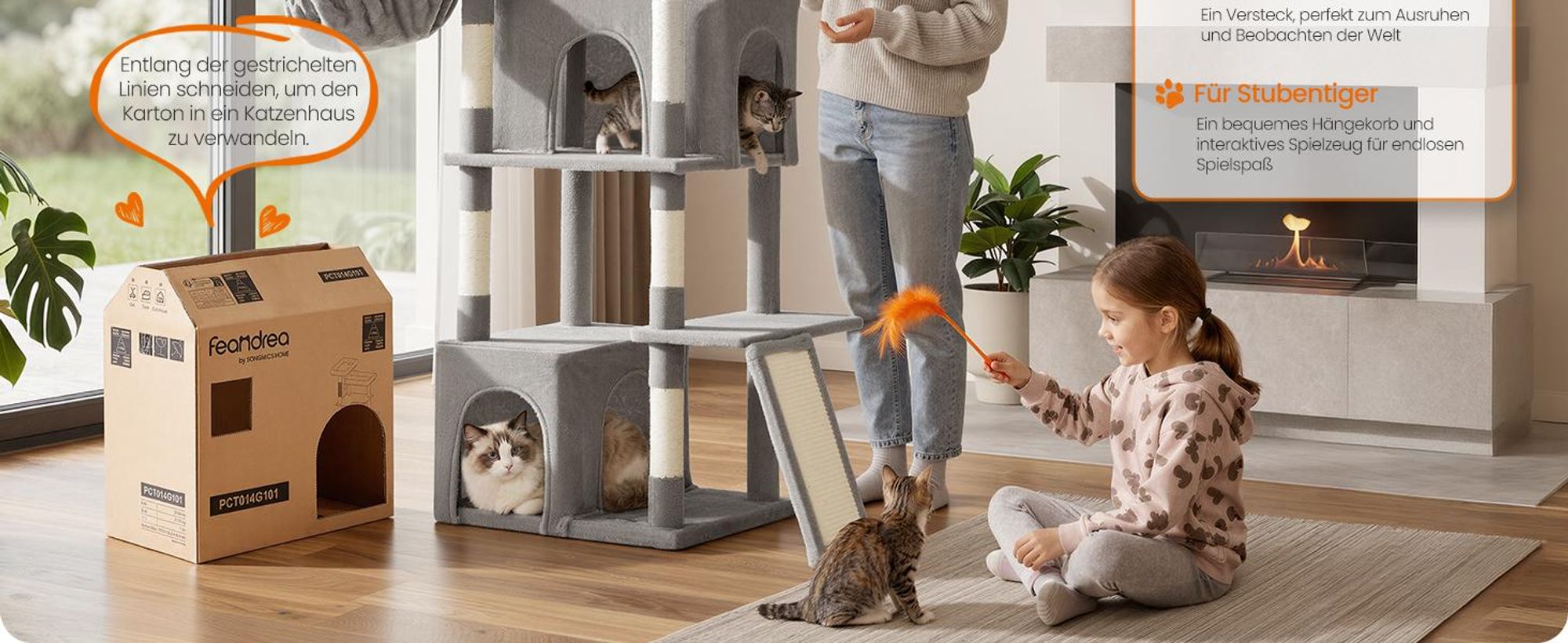 FEANDREA Kletterbaum für Katzen, extra groß, stabiler Katzenkratzbaum mit Kratzsäulen, Plüsch, für große Katzen, taubengrau
