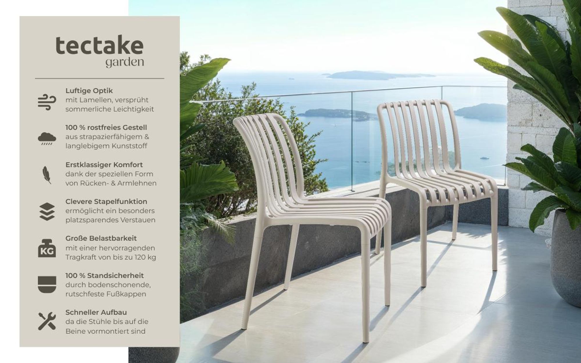 tectake® Gartenstühle Alcudia, wetterfest, stapelbar