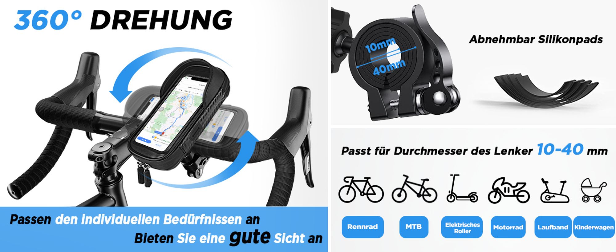 Handyhalterung Fahrrad Wasserdicht Handyhalter Motorrad 360°Drehbarem Fahrradhalterung Lenkertasche für 4.7-7 Zoll Smartphone