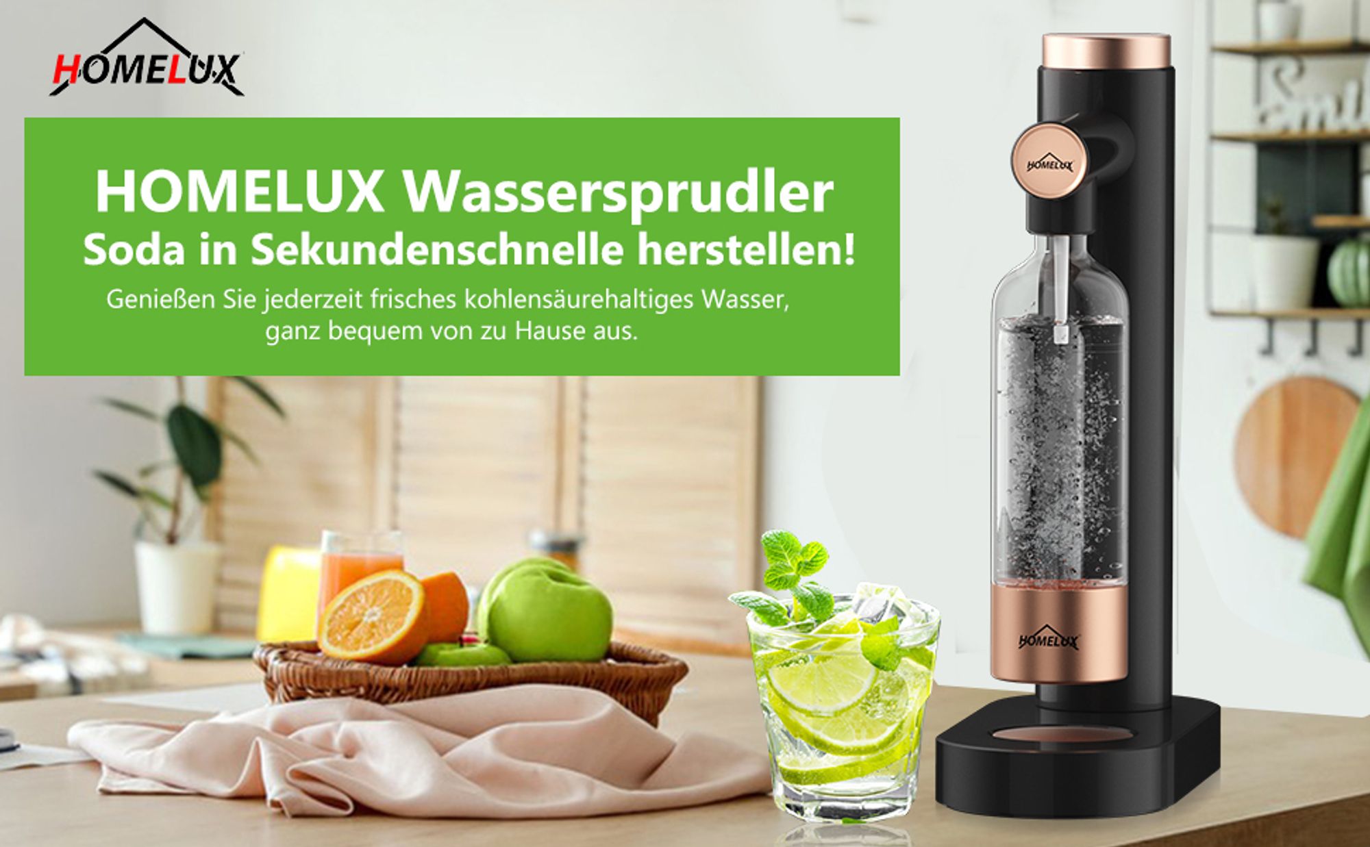 HOMELUX Wassersprudler, Sprudelwasser Maschine Mit 2 x 1L PET-Flaschen Bpa-Frei, Soda Maker, Wasser Sprudel GeräT, Water Carbonator, Schwarz