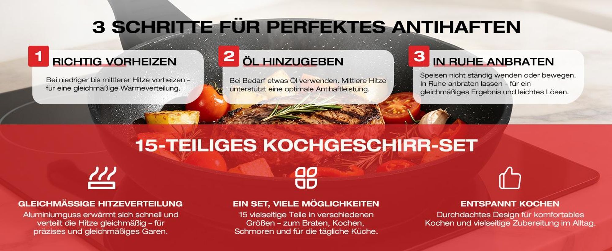 Topfset Induktion 15-Tlg Topfset Pfannenset Kochtopfset, Aluminium Antihaft-beschichtete Töpfe & pfannen,Cookware-Schwarz(HLCW15BK)
