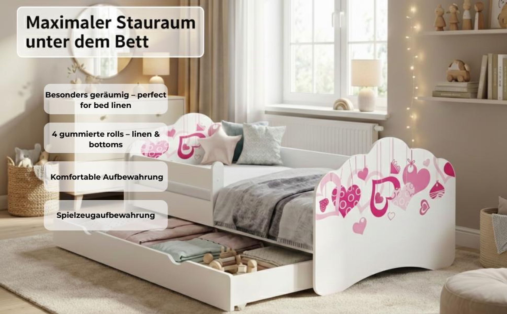 Eine geräumige Schublade bietet viel Stauraum.