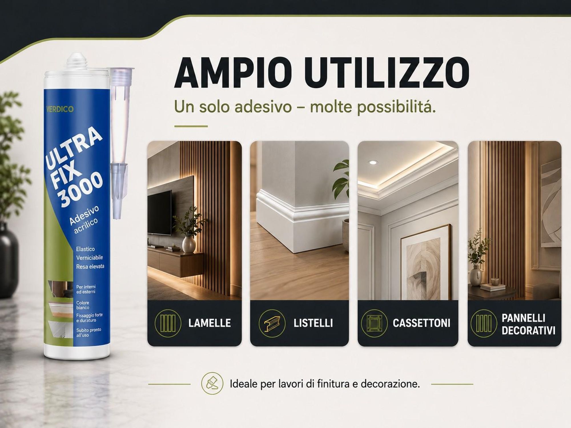 Colla acrilica Ultra Fix 3000 per modanature, profili, cassettoni e pannelli decorativi.