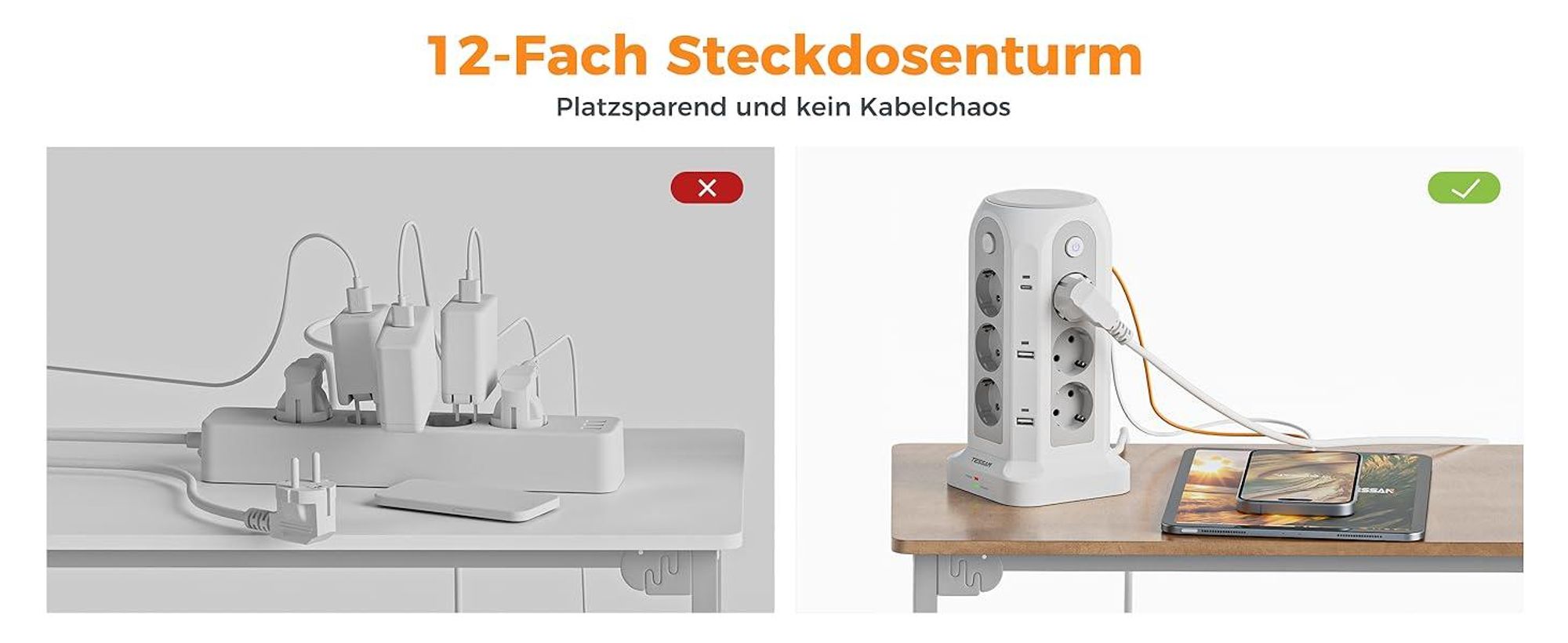 TESSAN 12 Fach Mehrfachsteckdose mit USB C Steckdosenleiste Verlängerungskabel 2M