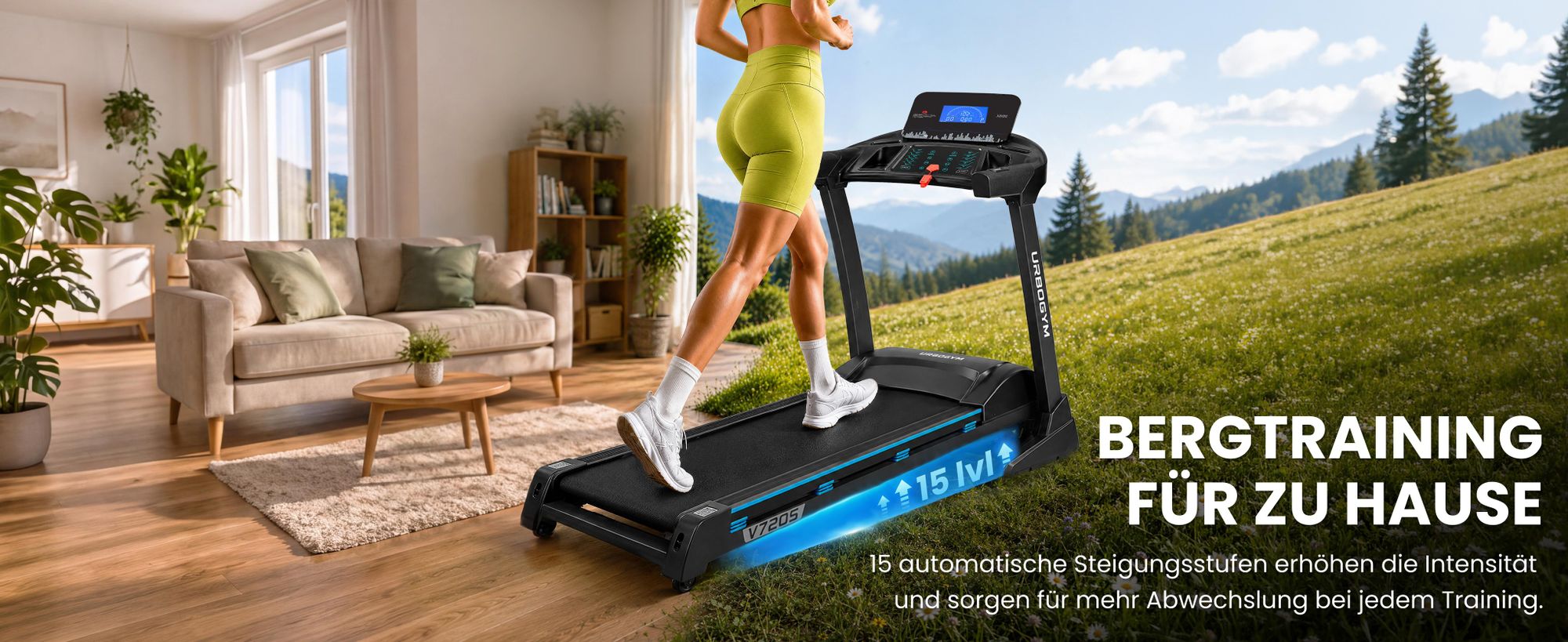 URBOGYM V720S Elektrisches Laufband, 20 km/h, 15 Steigungsstufen, 3,0 PS, 150 kg, klappbar, Bluetooth, 12 Trainingsprogramme