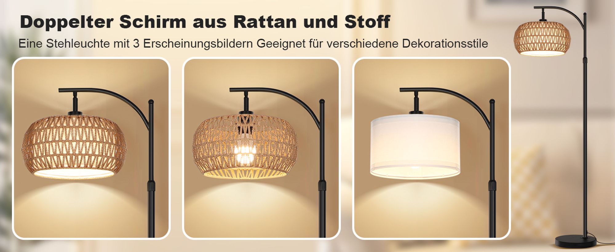 Stehlampe Wohnzimmer, Dimmbare Rattan Standleuchte mit 3 Farb,Fernbedienung und Fußschalter, App-Steuerung,12W E26 Bogenlampe,Standleuchte Leselampe