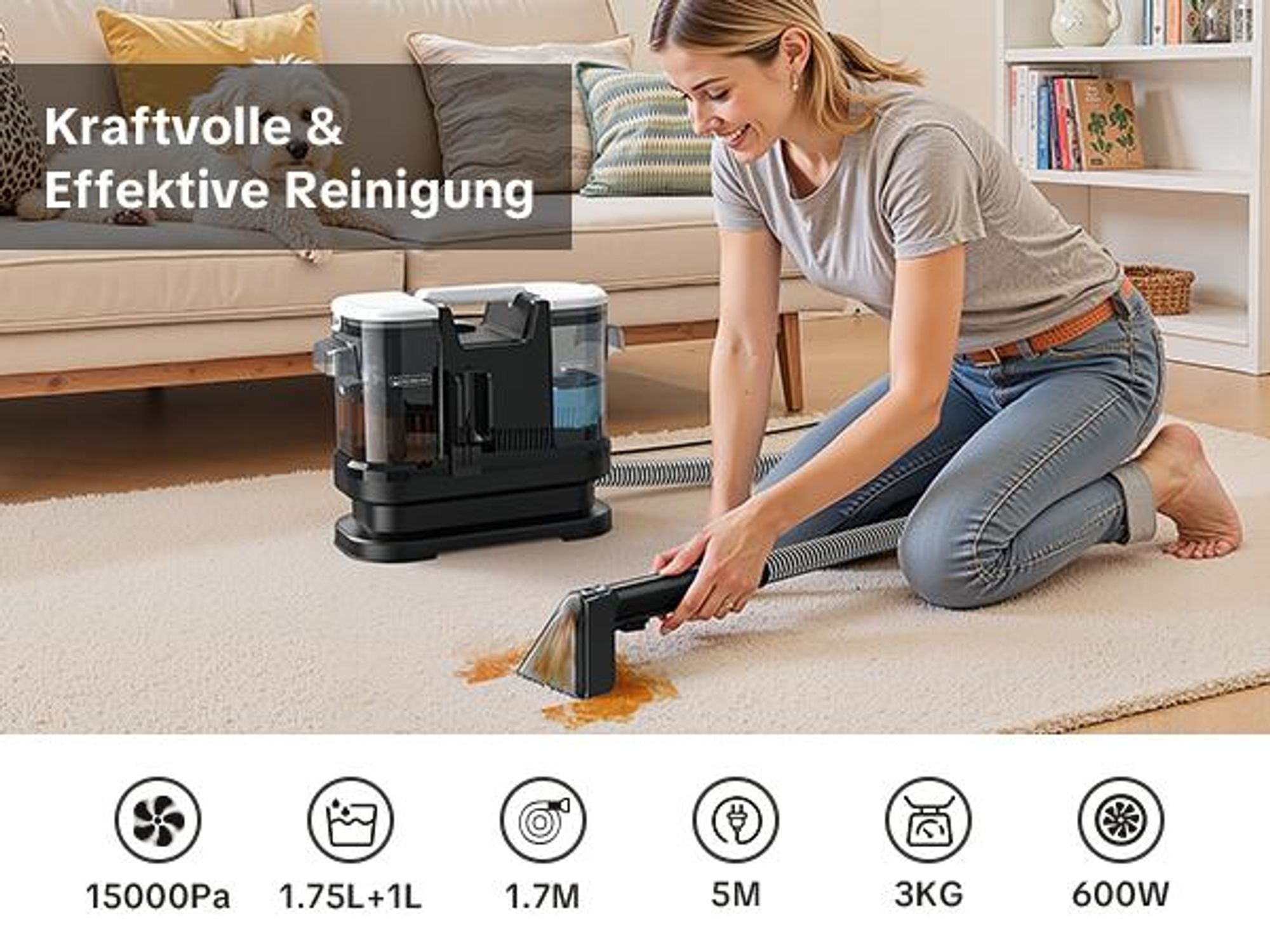 Lubluelu Teppichreiniger Waschsauger 15000 Pa / 600 W, Nasssauger für Teppich, Polster & Auto, Großer Wassertank, Lange Kabel, inkl. Zubehör, black,A6