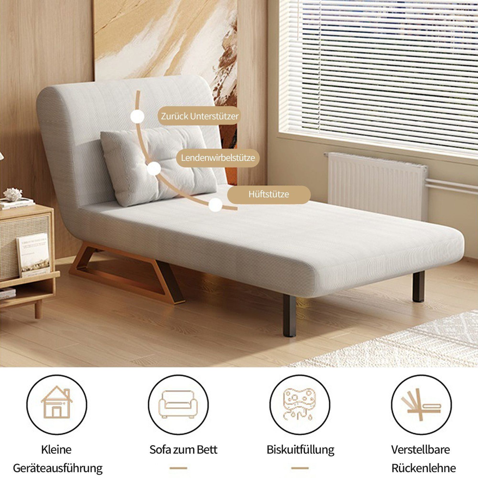 Klappbares Schlafsofa,Rückenlehne in funf Stufen verstellbar, Weiß，75*62*82cm