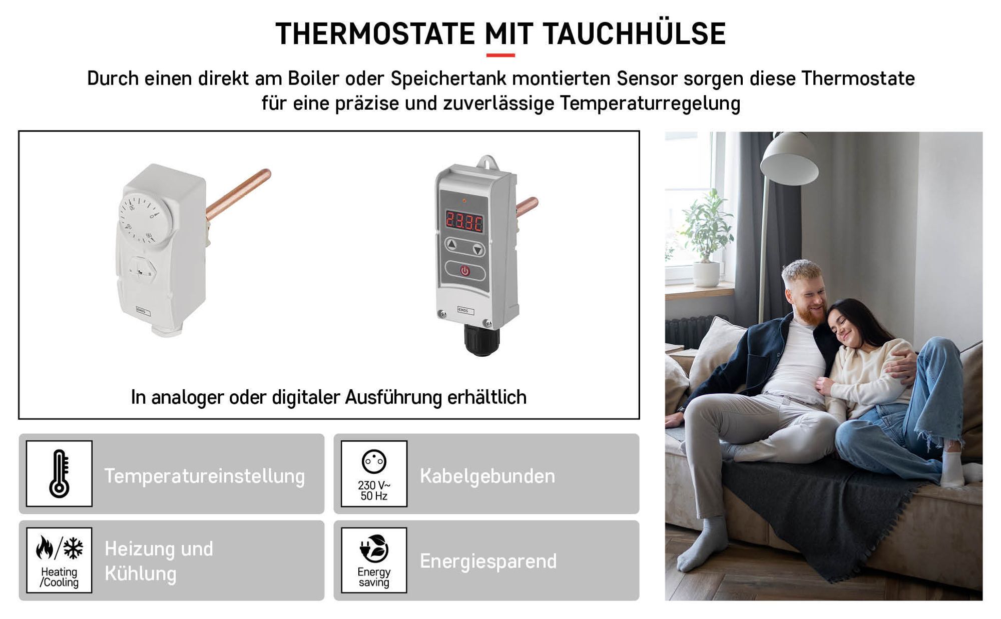 EMOS Thermostat mit Tauchhülse, mechanisch, für Heizung und Kühlung, Temperatur-Regelung 0-90°C, 230V, 16A/4A, P5685